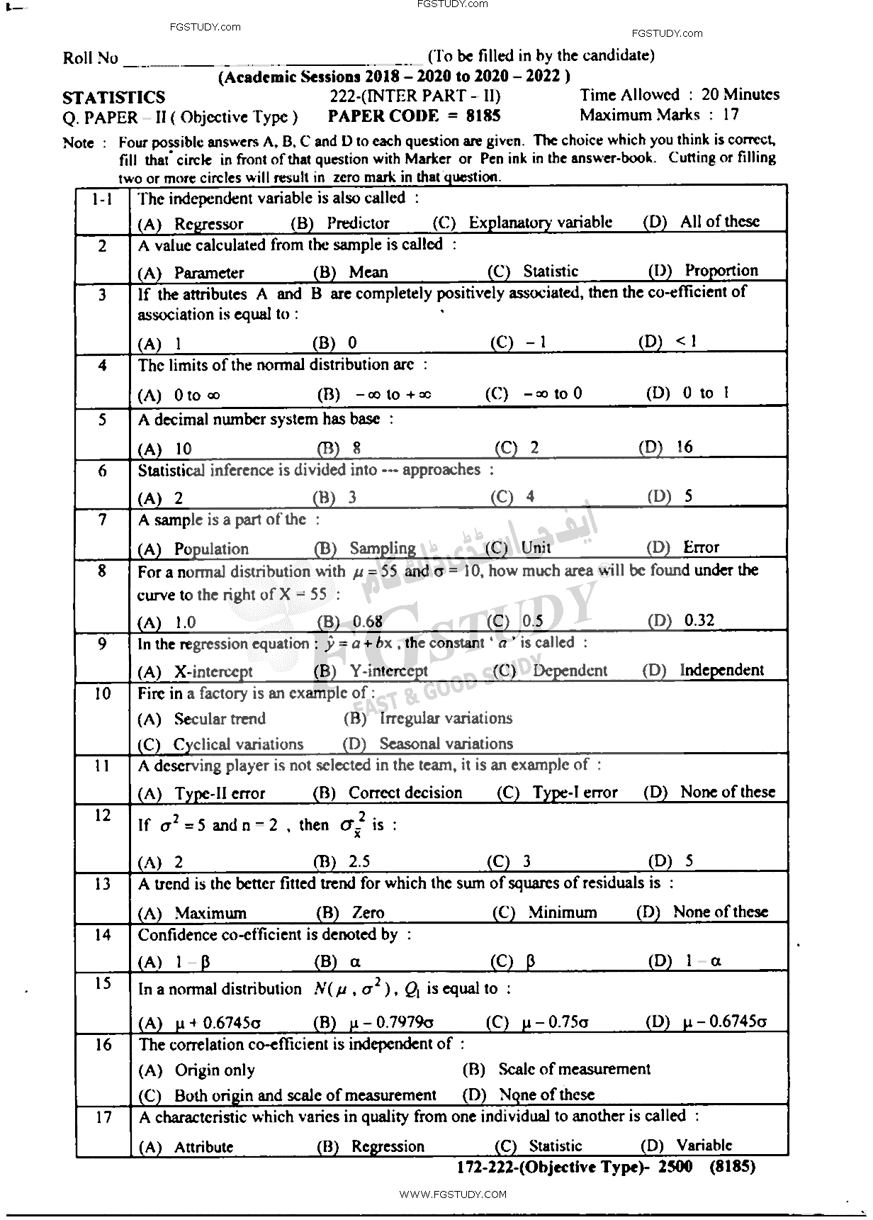 12th Class Statistics Past Paper 2022 Lahore Board Objective