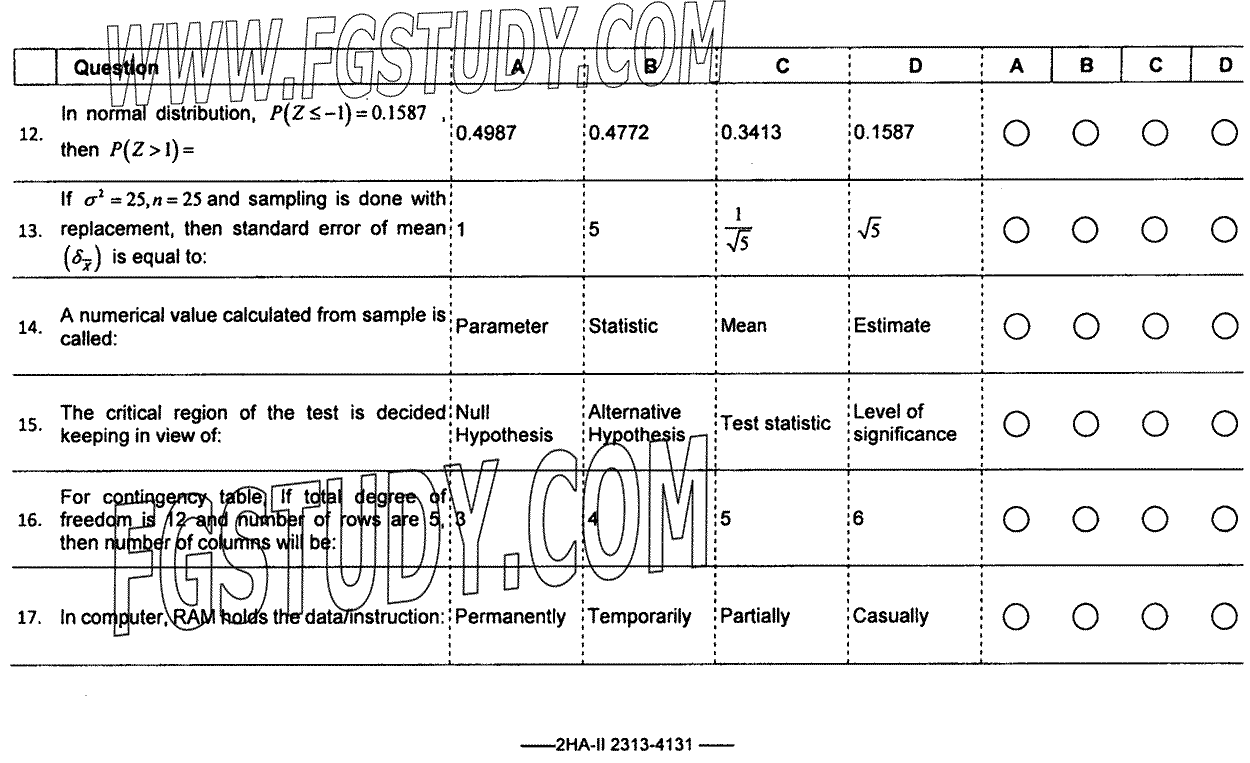 12th Class Statistics Past Paper 2023 Federal Board Islamabad Objective