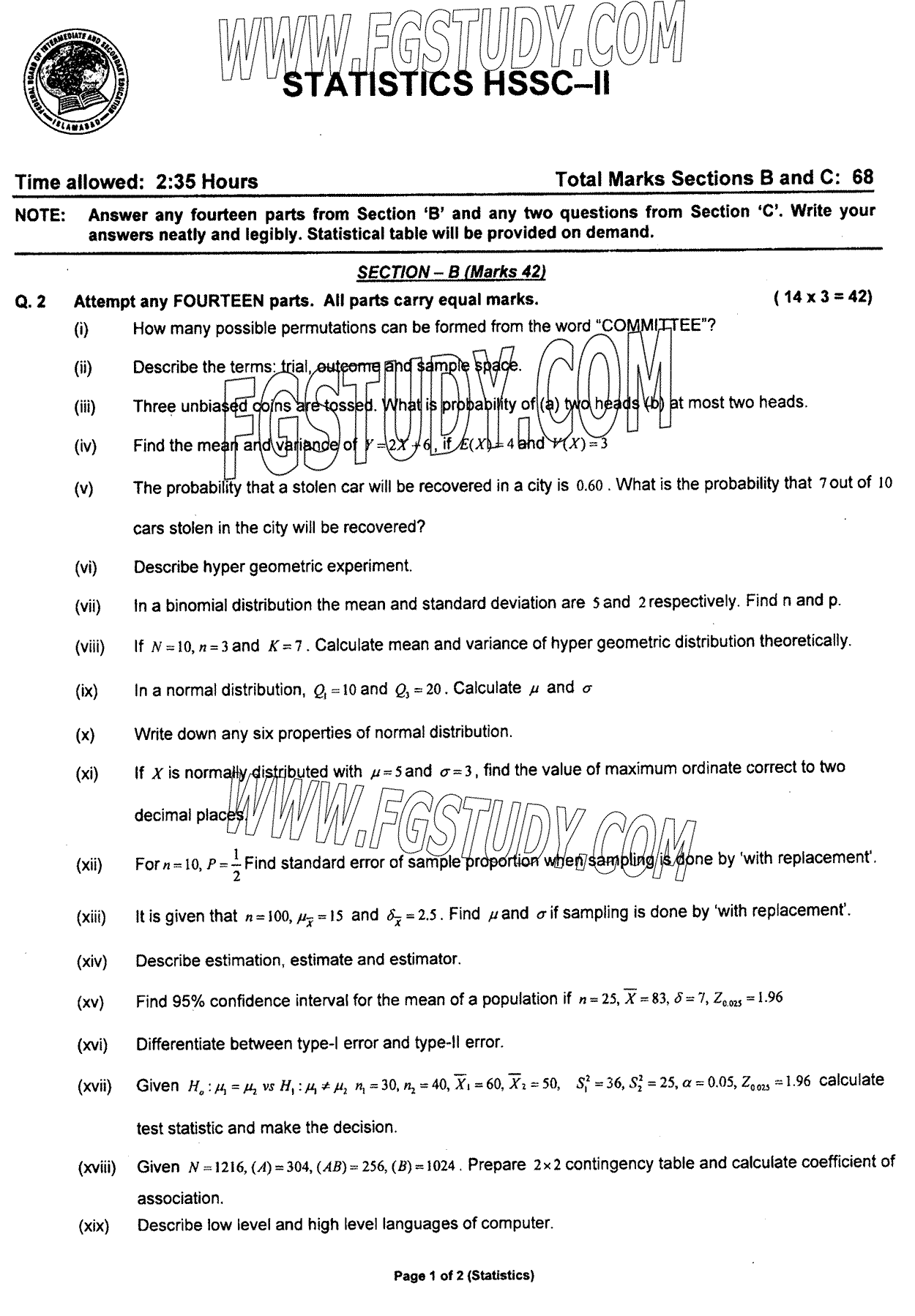 12th Class Statistics Past Paper 2023 Federal Board Islamabad Subjective