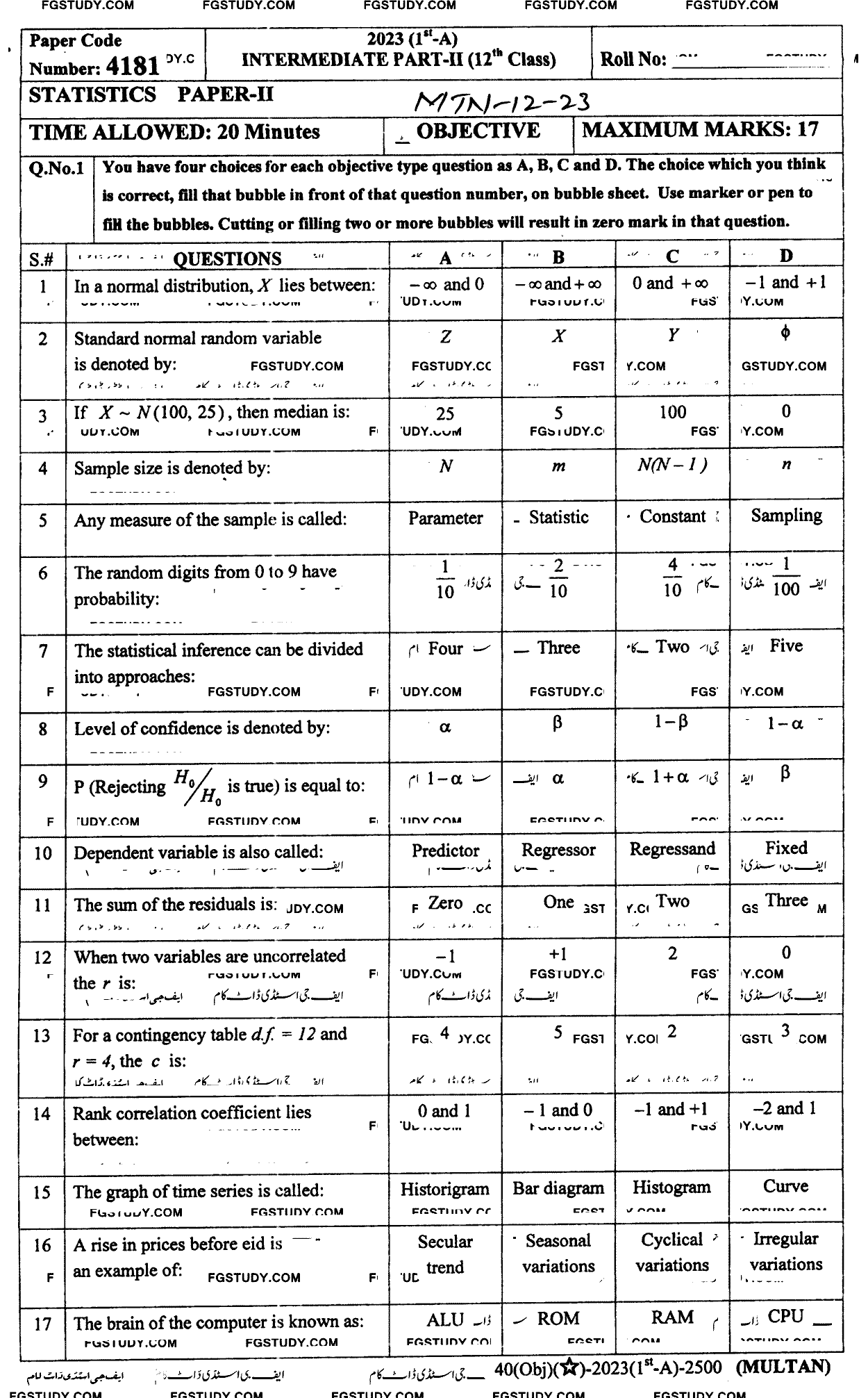 12th Class Statistics Past Paper 2023 Multan Board Objective