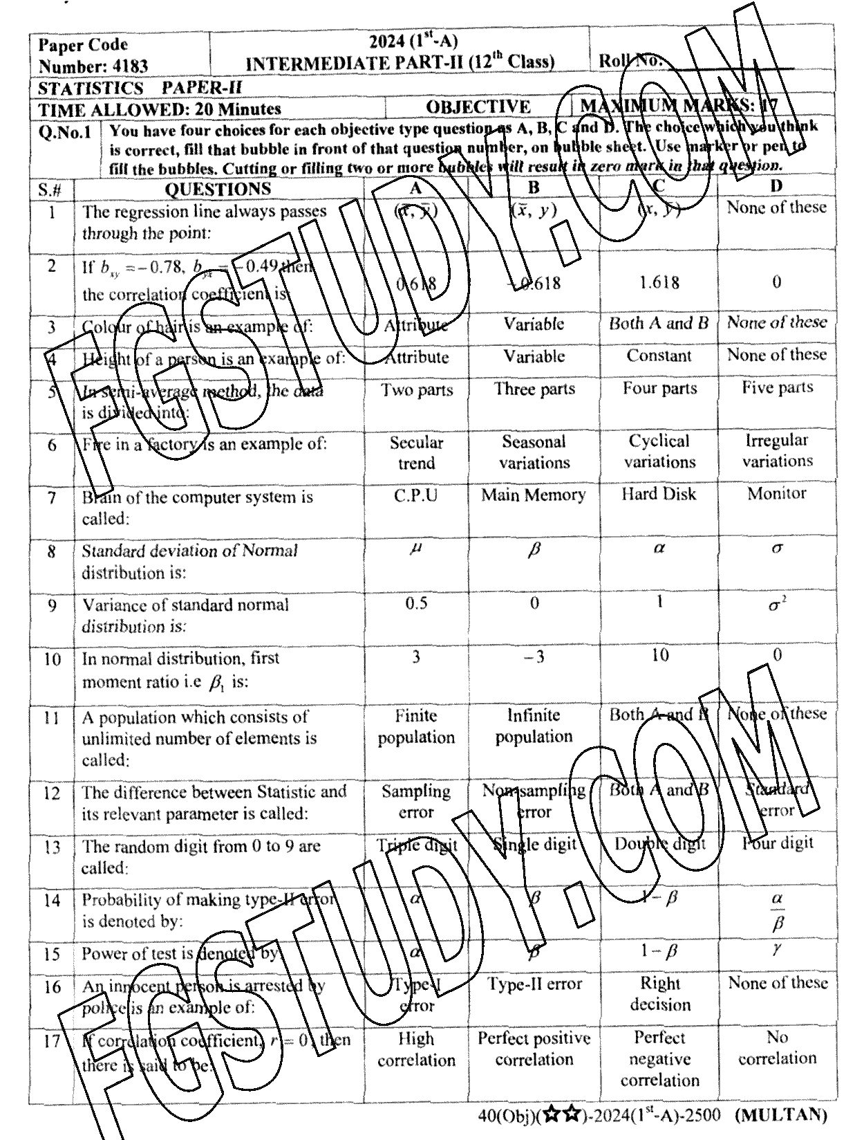 12th Class Statistics Past Paper 2024 Multan Board Objective