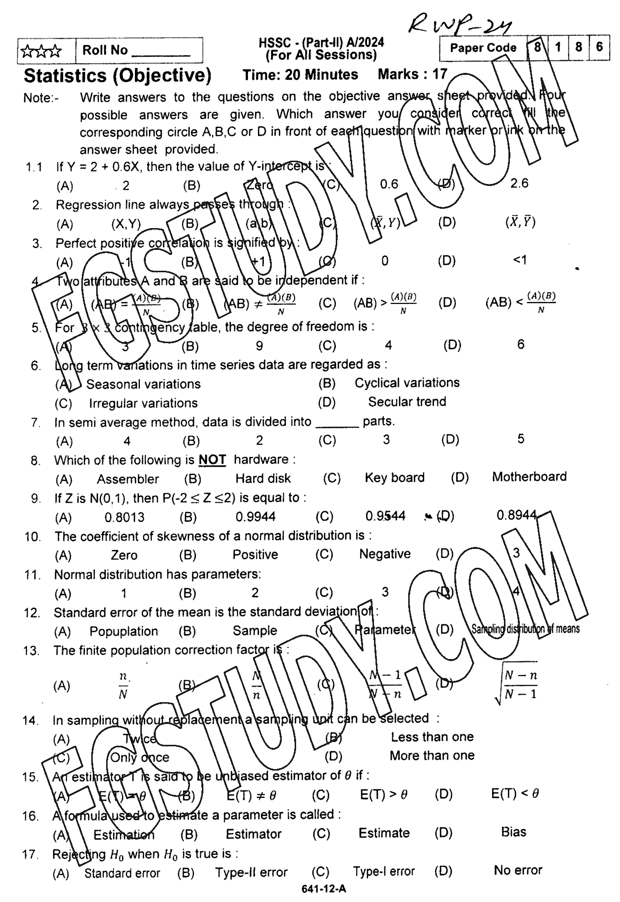 12th Class Statistics Past Paper 2024 Rawalpindi Board Objective