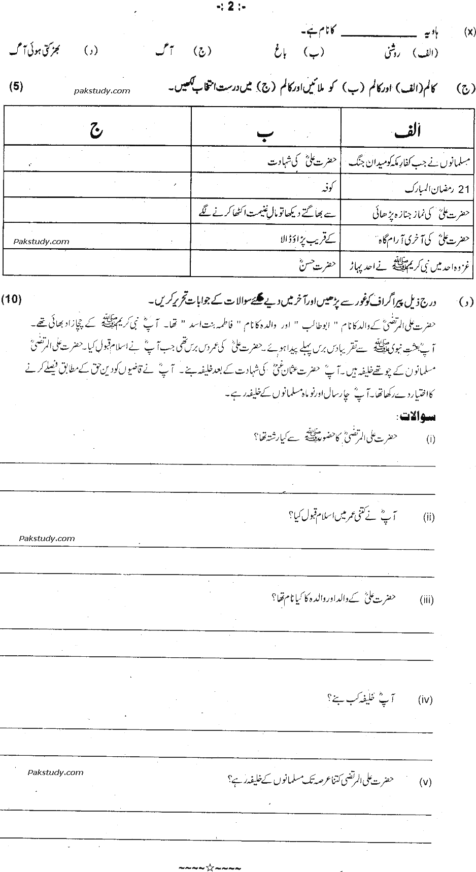 5th Class Islamiat Past Paper 2020 Federal Directorate Of Education Islamabad Objective