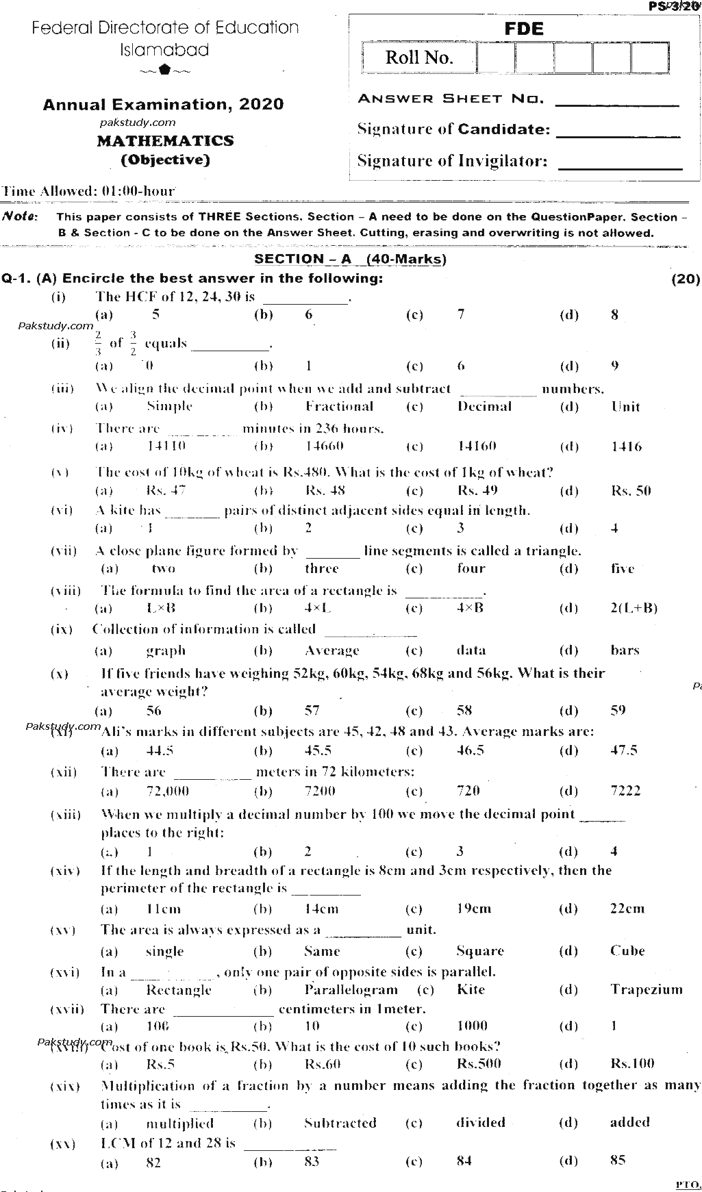5th Class Mathematics Past Paper 2020 Federal Directorate Of Education Islamabad Objective