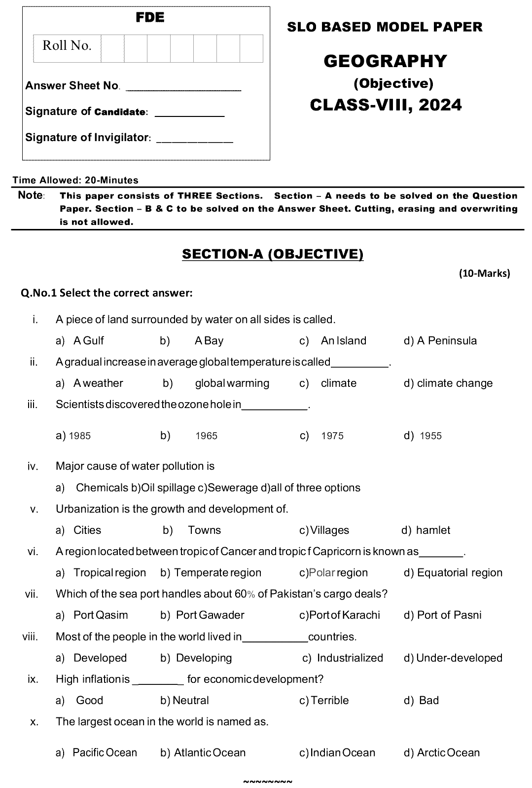 8th Class Geography Past Paper 2024 Federal Directorate Of Education Islamabad Objective
