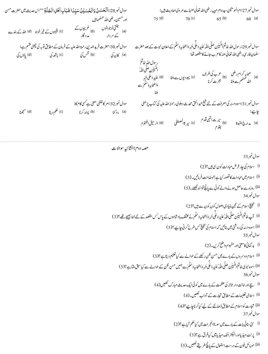 8th Class Islamiat Past Paper 2024 Punjab Examination Commission Lahore Subjective