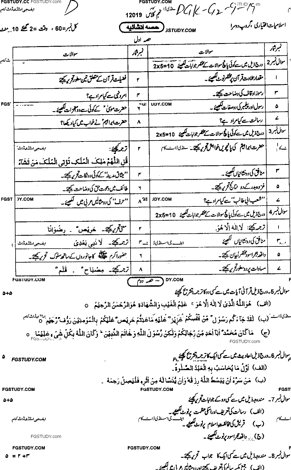 9th Class Advance Islamic Studies Past Paper 2019 Dg Khan Board Group 2 Subjective