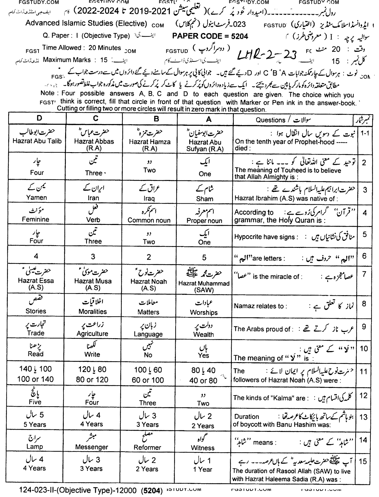 9th Class Advance Islamic Studies Past Paper 2023 Lahore Board Group 2 Objective