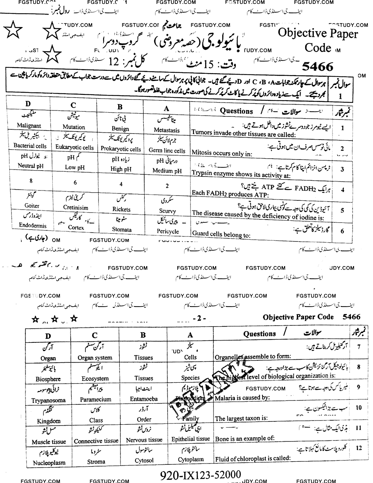 9th Class Biology Past Paper 2023 Faisalabad Board Group 2 Objective
