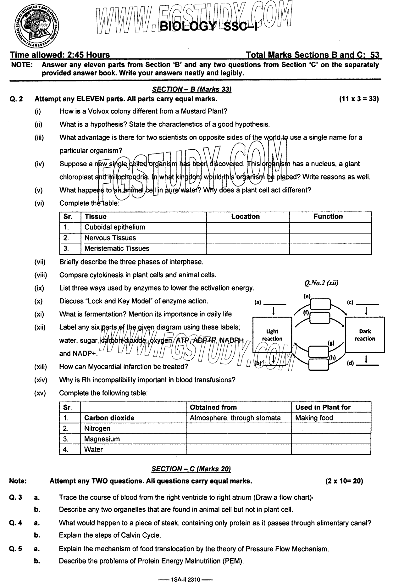 9th Class Biology Past Paper 2023 Federal Board Islamabad Subjective