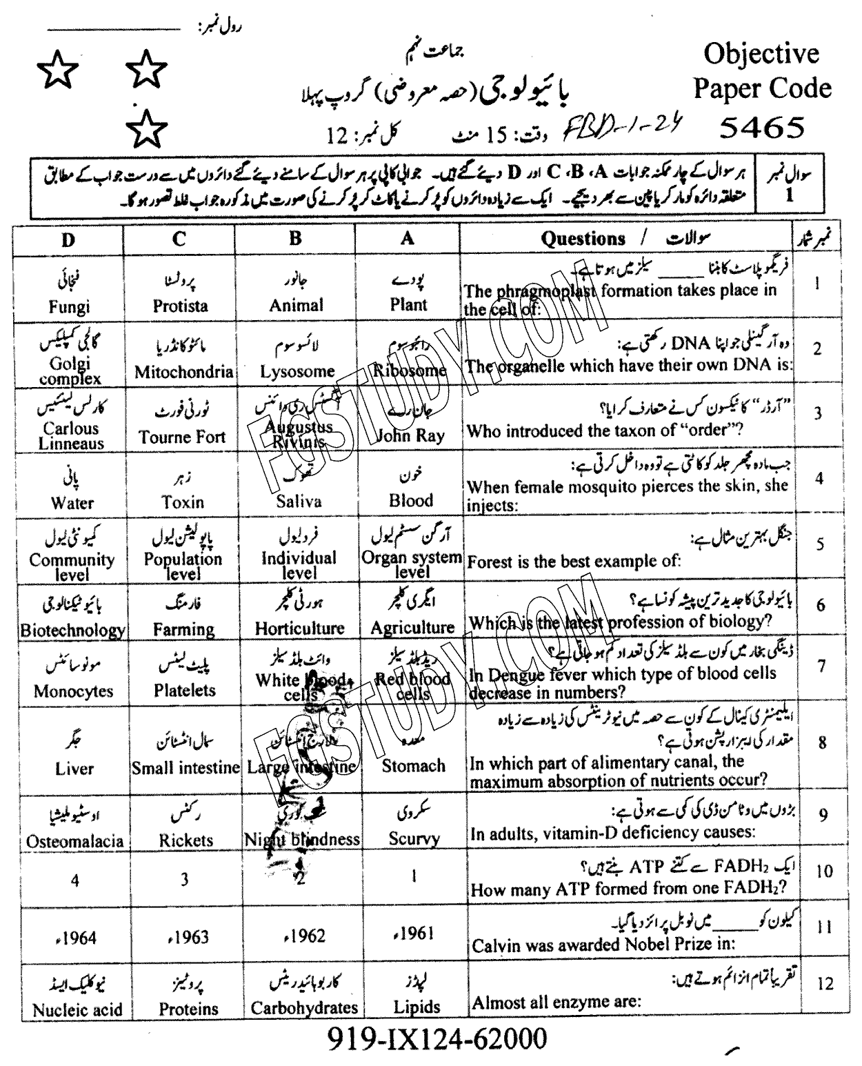 9th Class Biology Past Paper 2024 Faisalabad Board Group 1 Objective