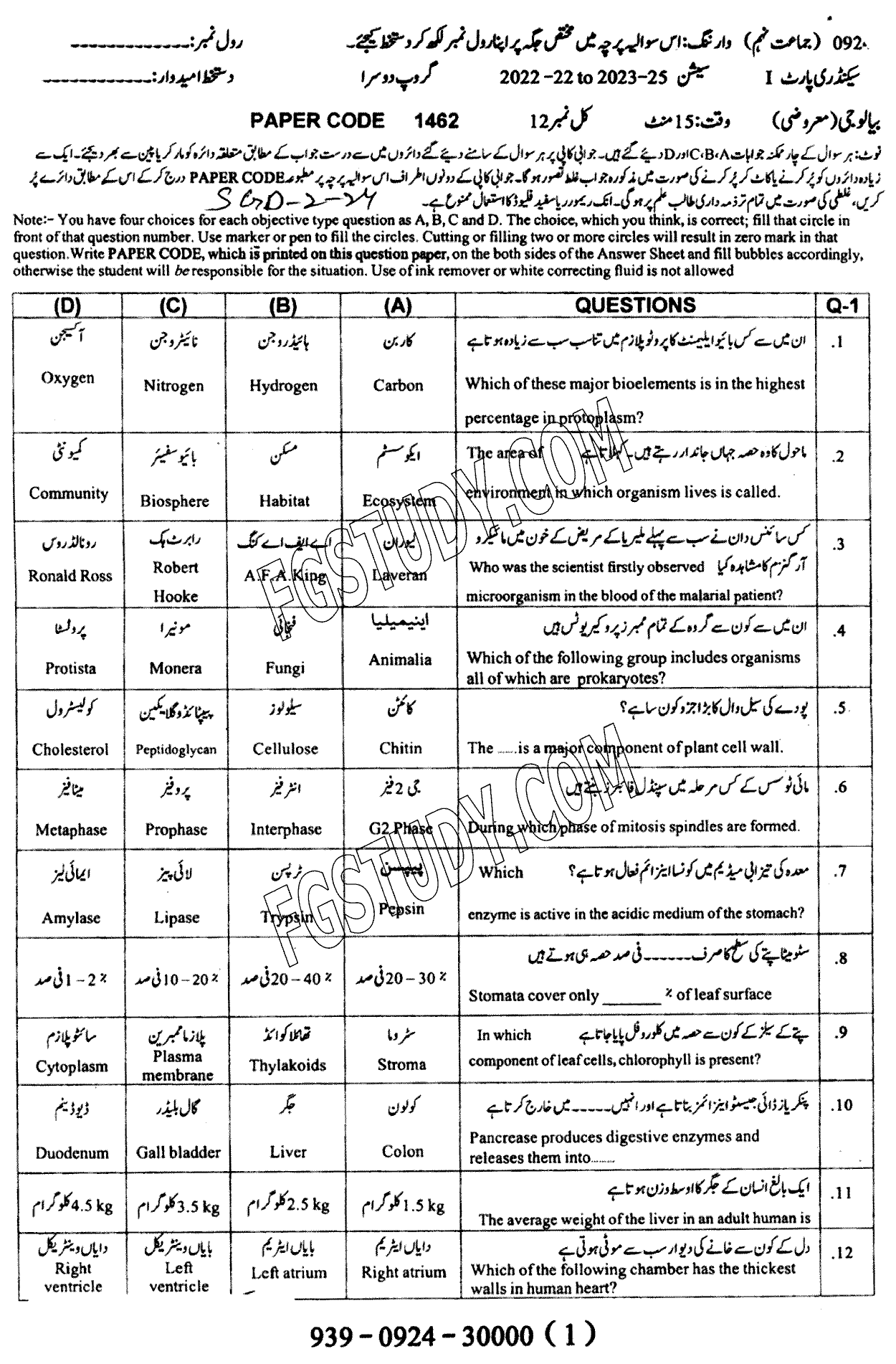 9th Class Biology Past Paper 2024 Sargodha Board Group 2 Objective