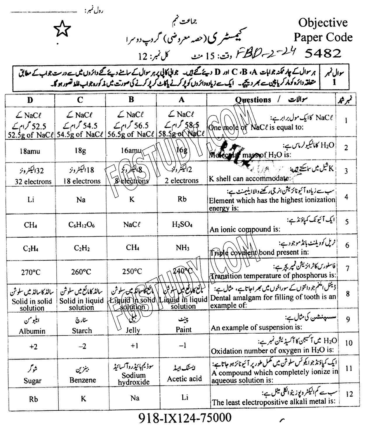 9th Class Chemistry Past Paper 2024 Faisalabad Board Group 2 Objective