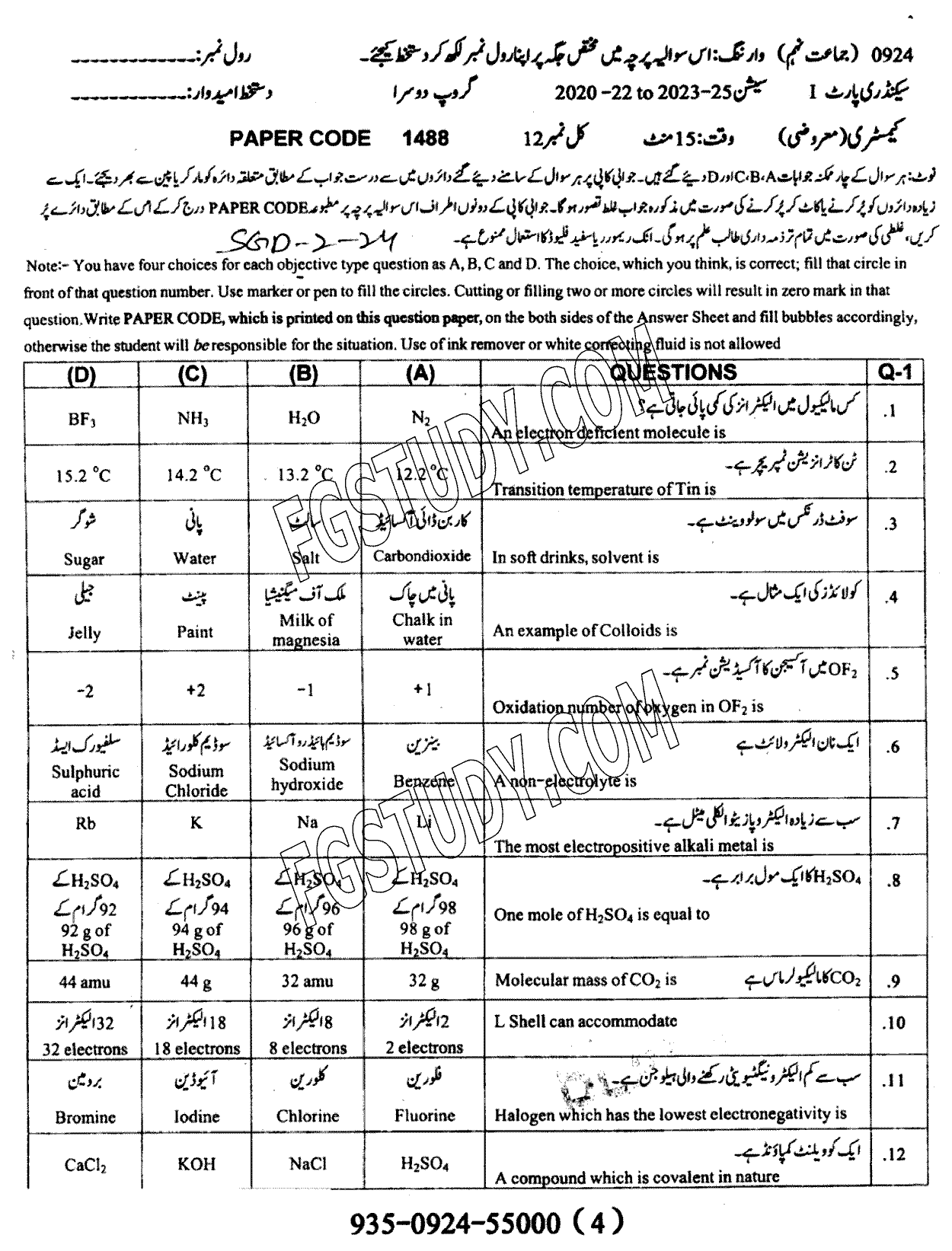 9th Class Chemistry Past Paper 2024 Sargodha Board Group 2 Objective