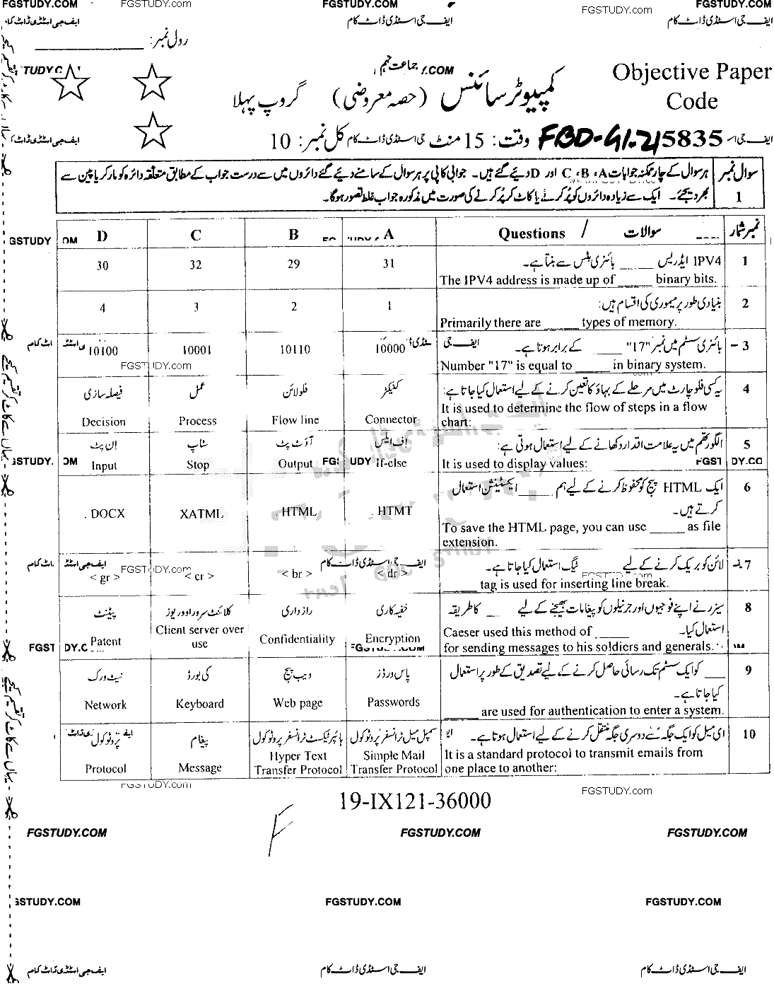 9th Class Computer Science Past Paper 2021 Faisalabad Board Group 1 Objective