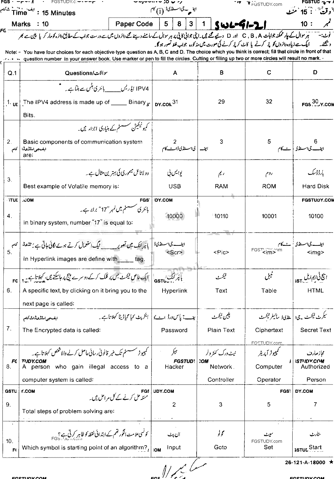9th Class Computer Science Past Paper 2021 Sahiwal Board Group 1 Objective