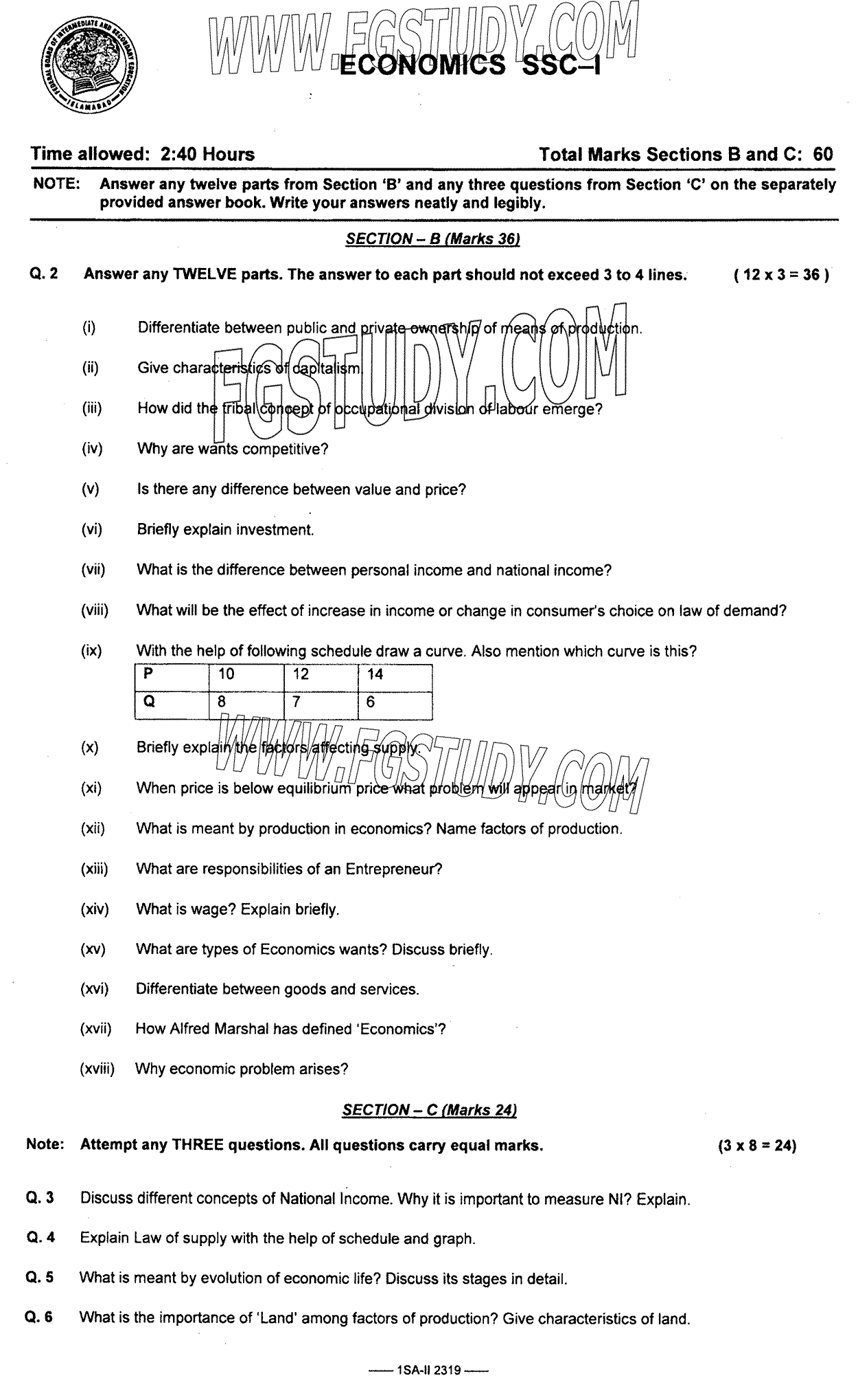9th Class Economics Past Paper 2023 Federal Board Islamabad Subjective