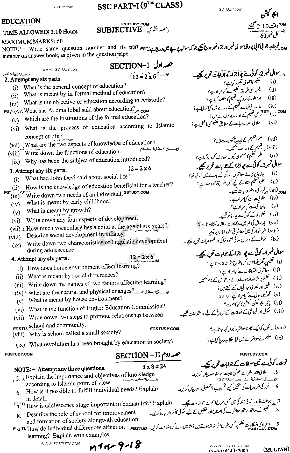 9th Class Education Past Paper 2018 Multan Board Subjective