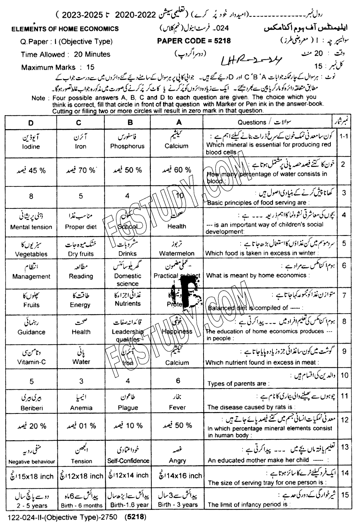 9th Class Elements Of Home Economics Past Paper 2024 Lahore Board Group 2 Objective