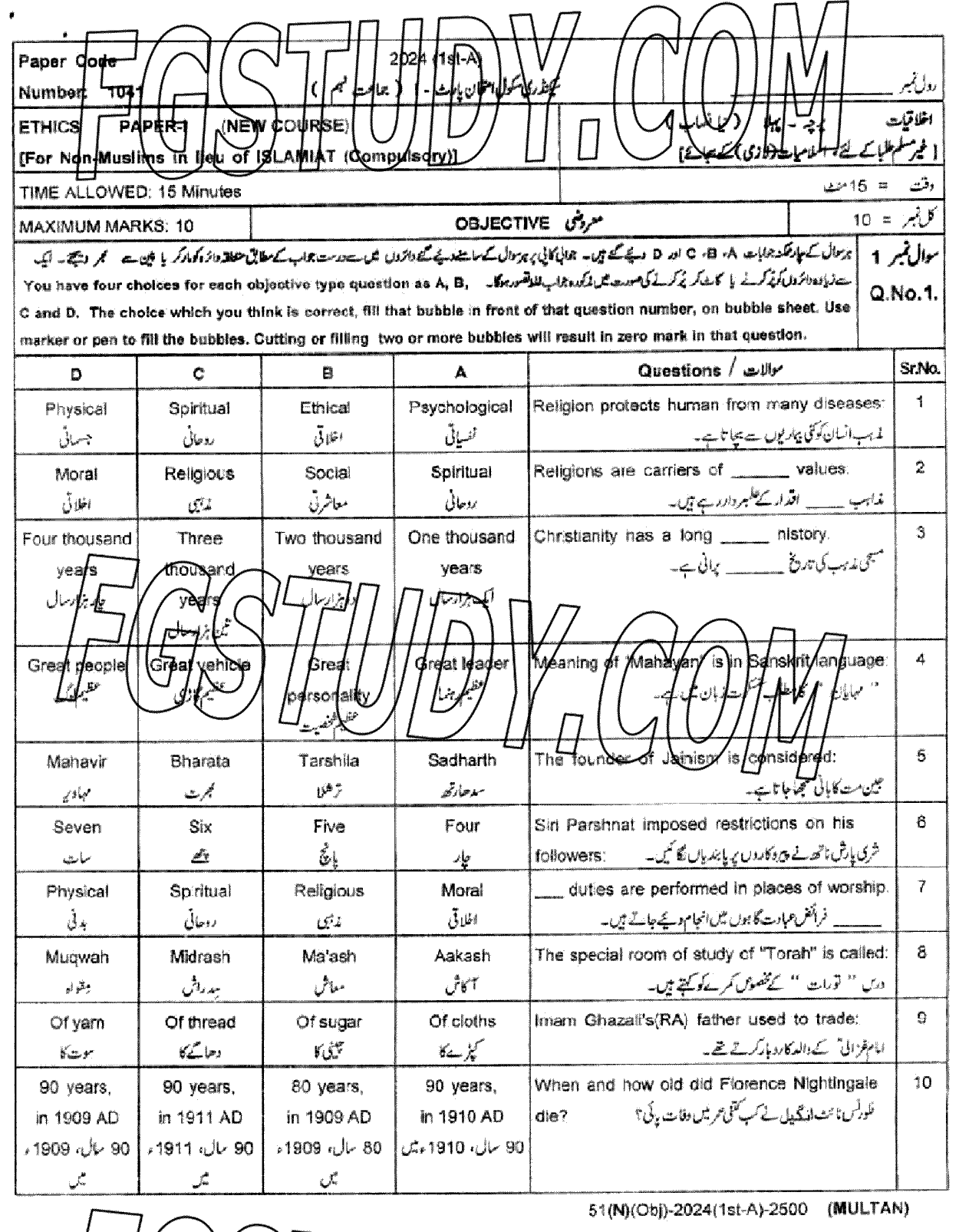 9th Class Ethics Ikhlaqiat Past Paper 2024 Multan Board Objective