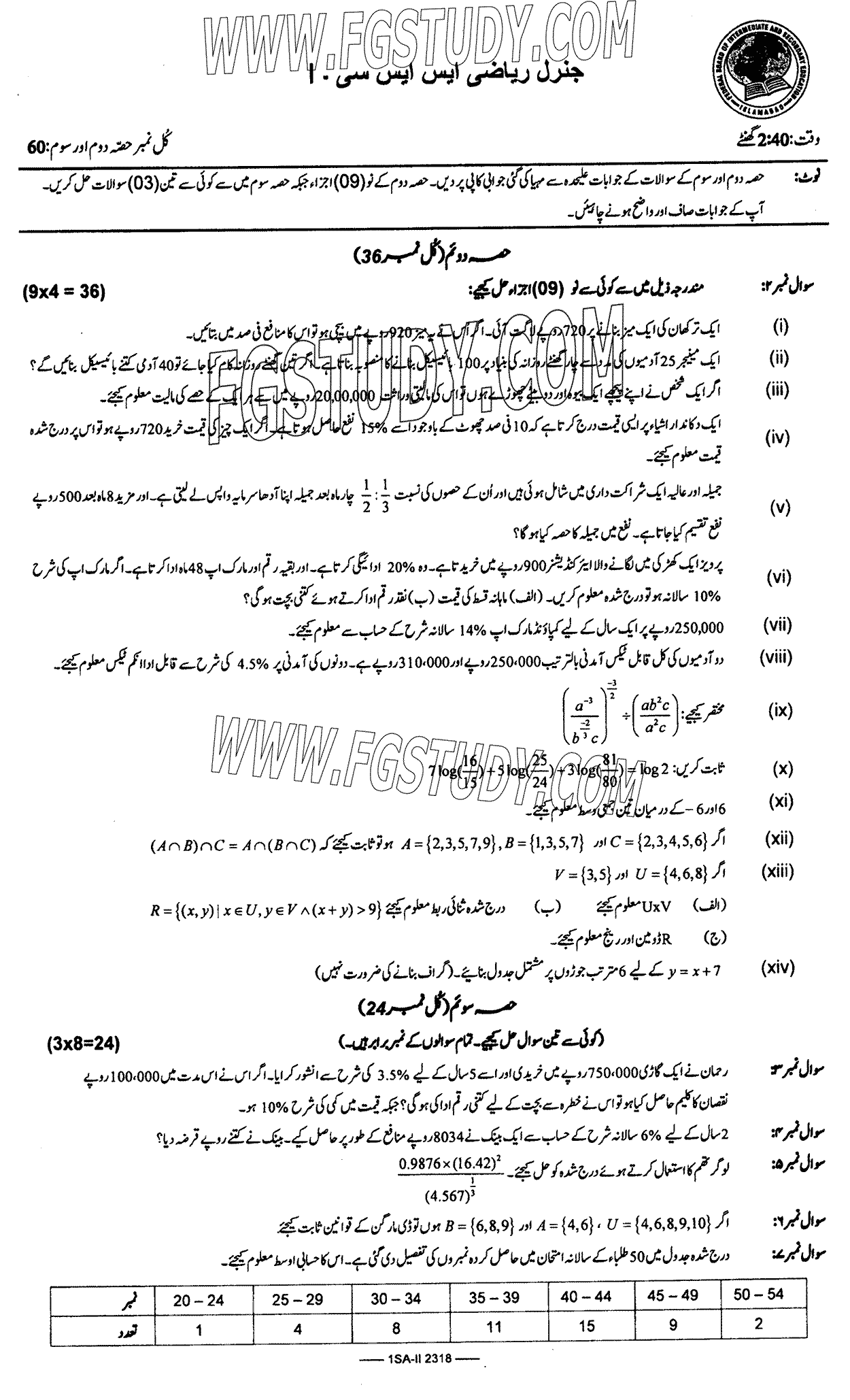 9th Class General Mathematics Past Paper 2023 Federal Board Islamabad Subjective
