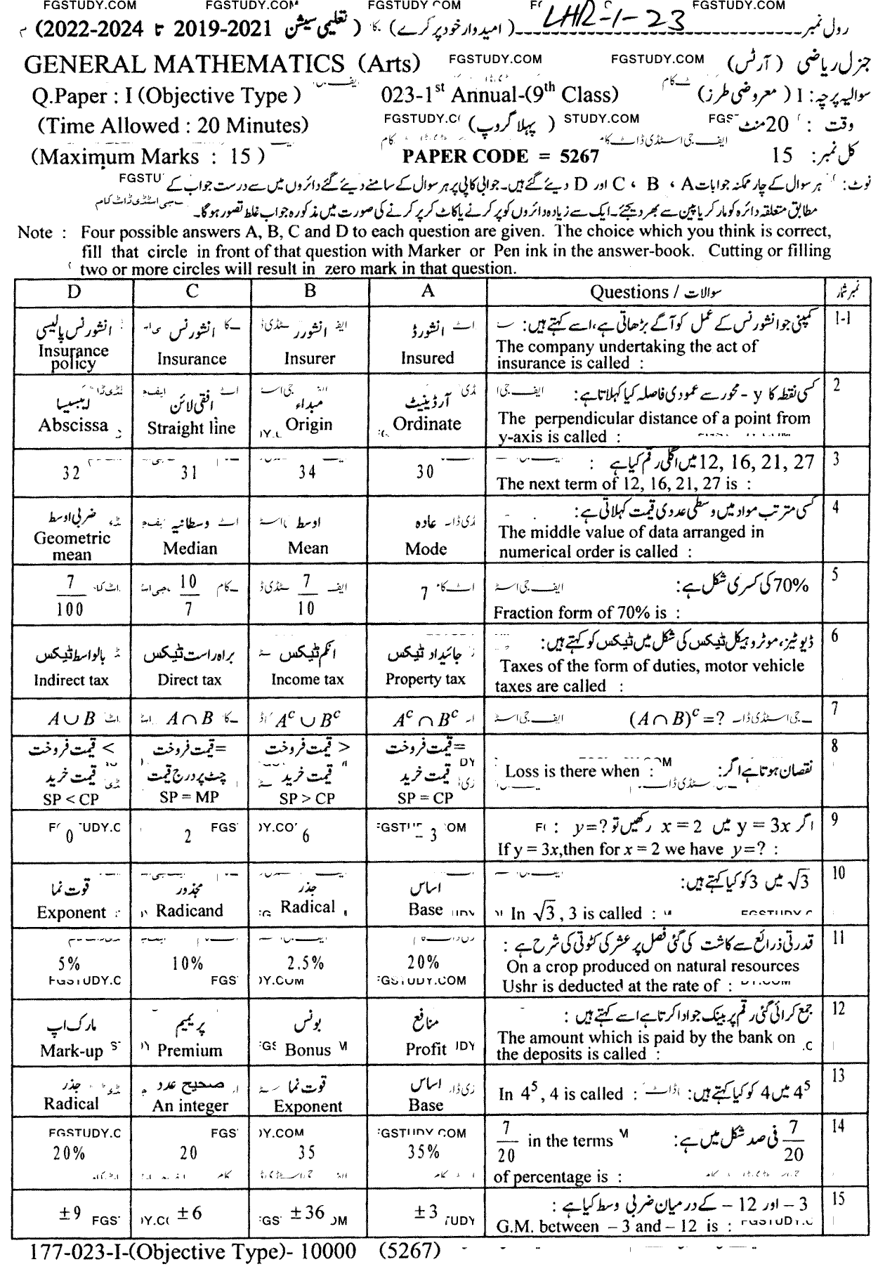 9th Class General Mathematics Past Paper 2023 Lahore Board Group 1 Objective