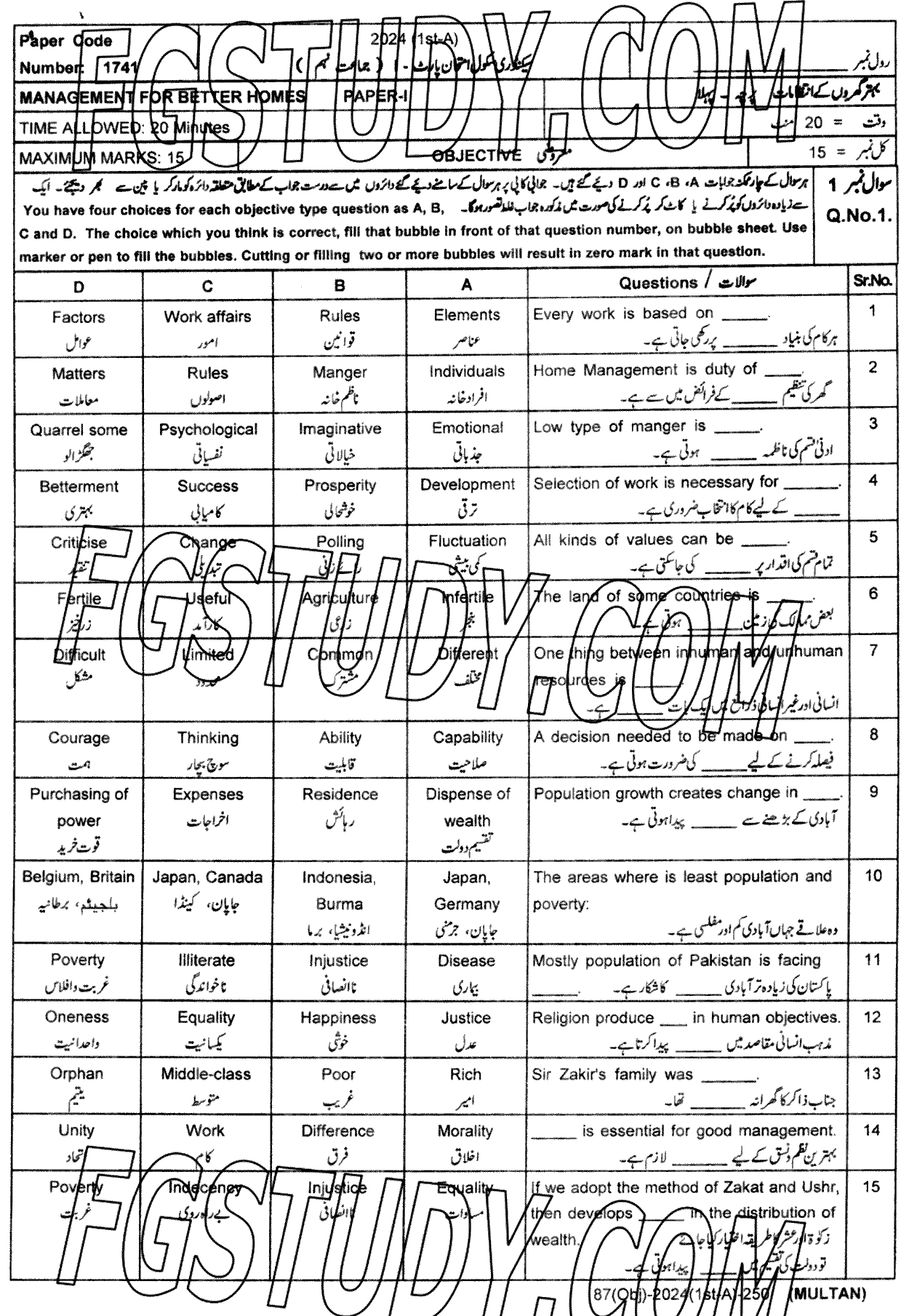 9th Class Management For Better Homes Past Paper 2024 Multan Board Objective