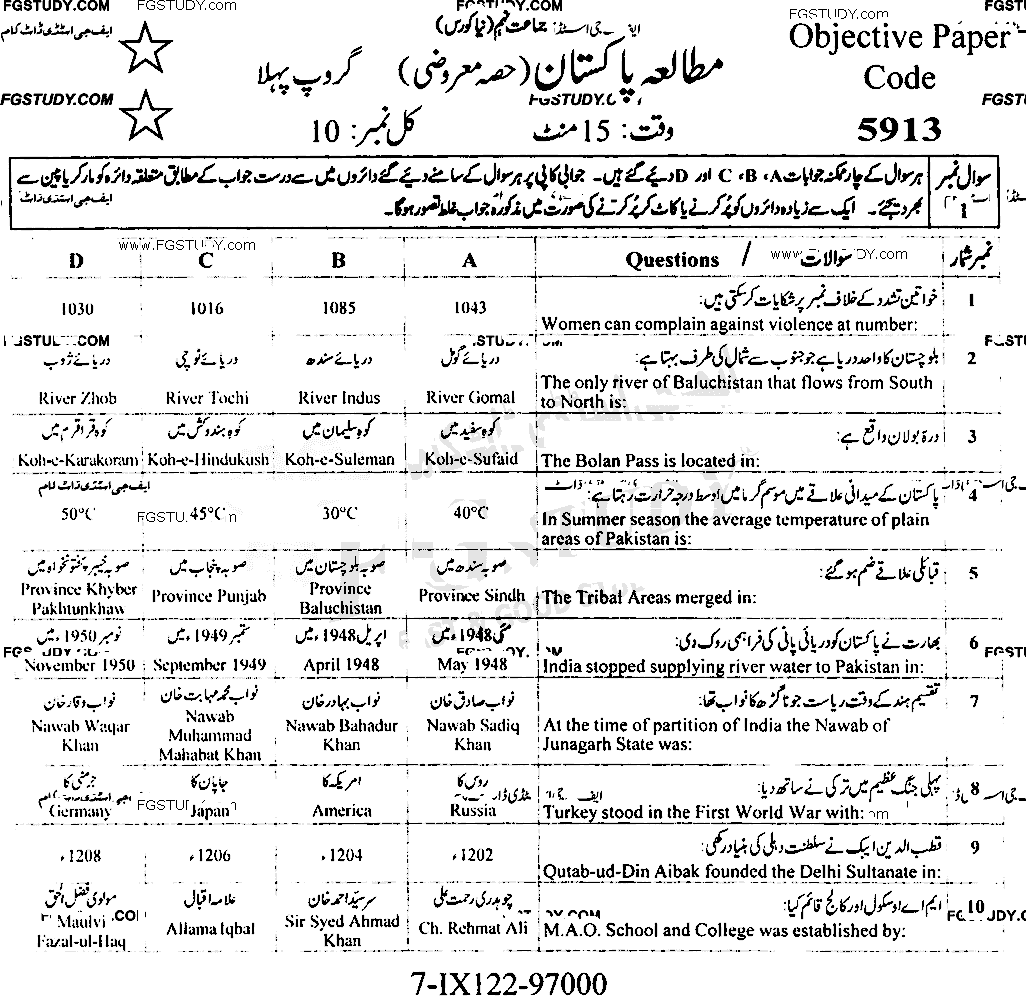 9th Class Pakistan Studies Past Paper 2022 Faisalabad Board Group 1 Objective