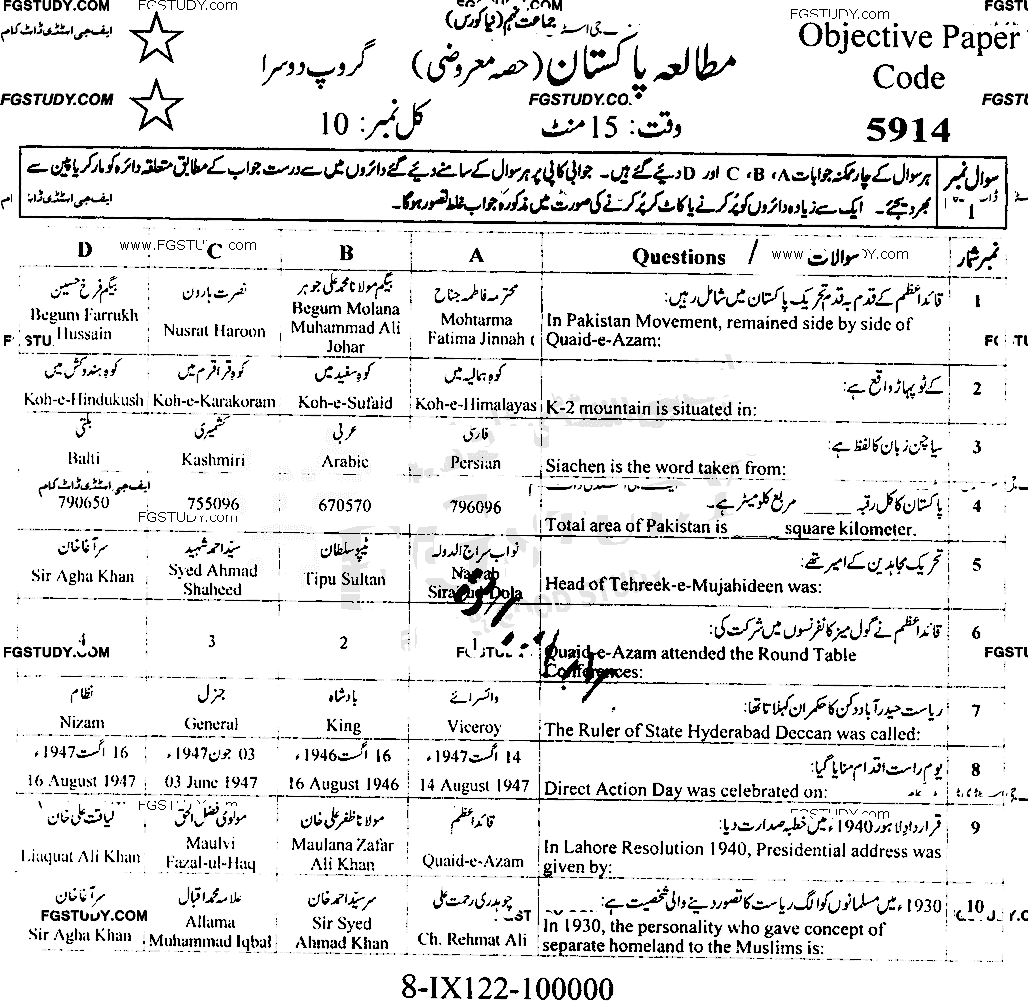 9th Class Pakistan Studies Past Paper 2022 Faisalabad Board Group 2 Objective