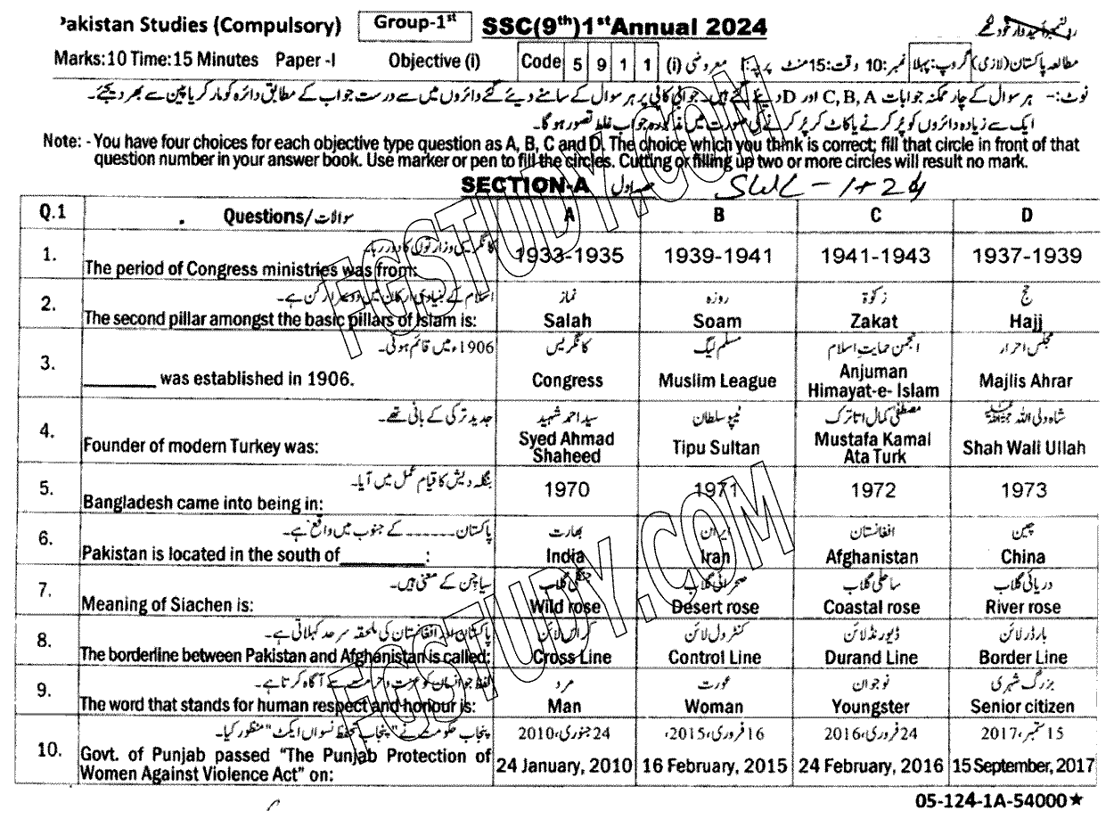 9th Class Pakistan Studies Past Paper 2024 Sahiwal Board Group 1 Objective