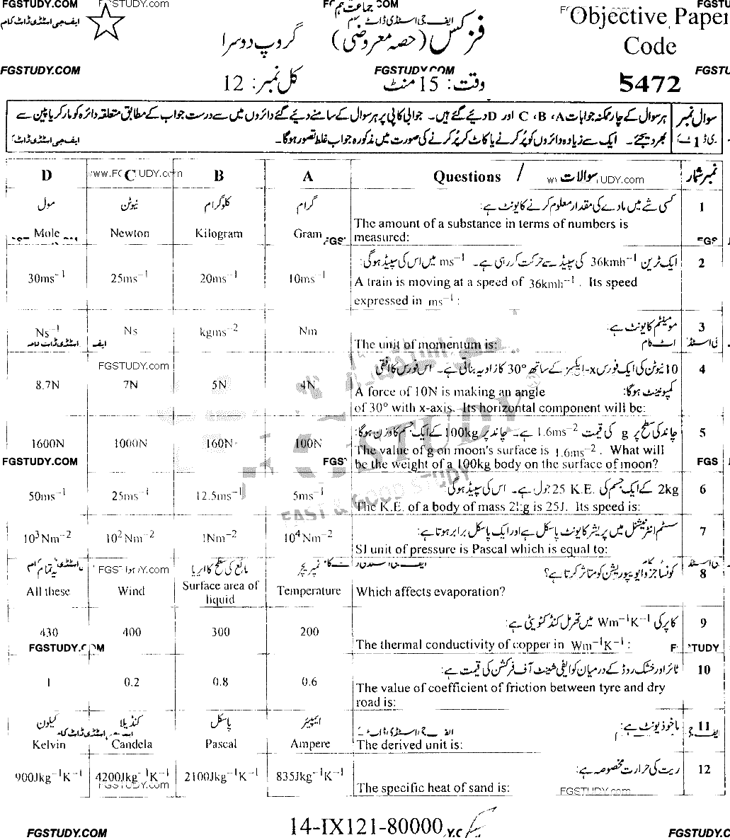 9th Class Physics Past Paper 2021 Faisalabad Board Group 2 Objective