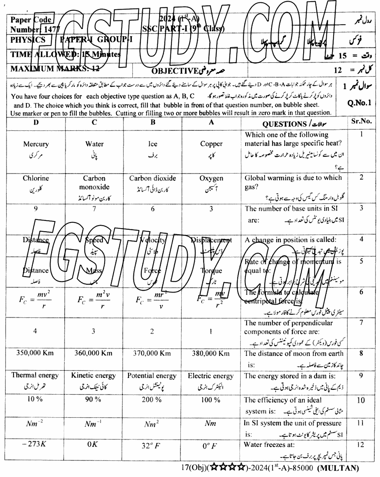 9th Class Physics Past Paper 2024 Multan Board Group 1 Objective