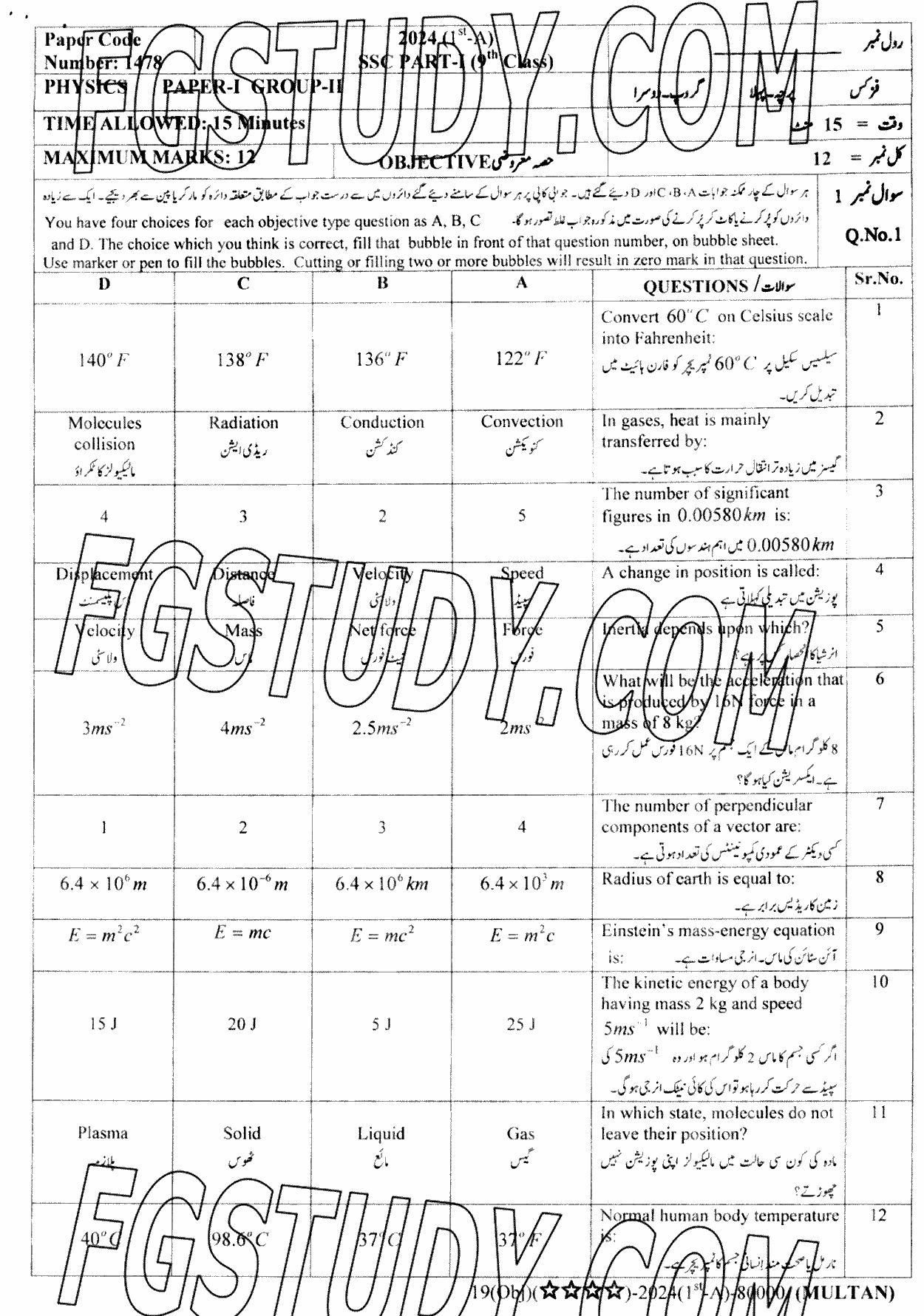 9th Class Physics Past Paper 2024 Multan Board Group 2 Objective