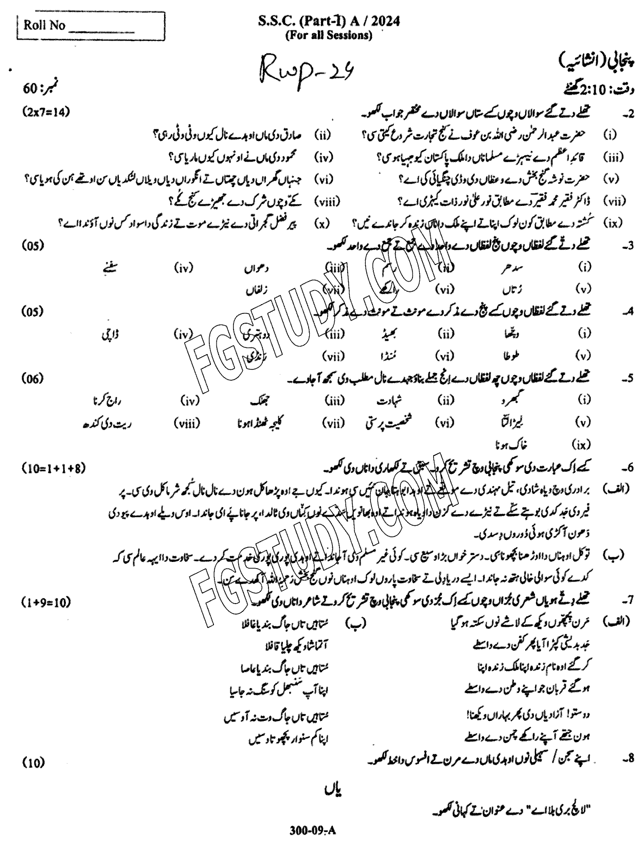 9th Class Punjabi Past Paper 2024 Rawalpindi Board Subjective