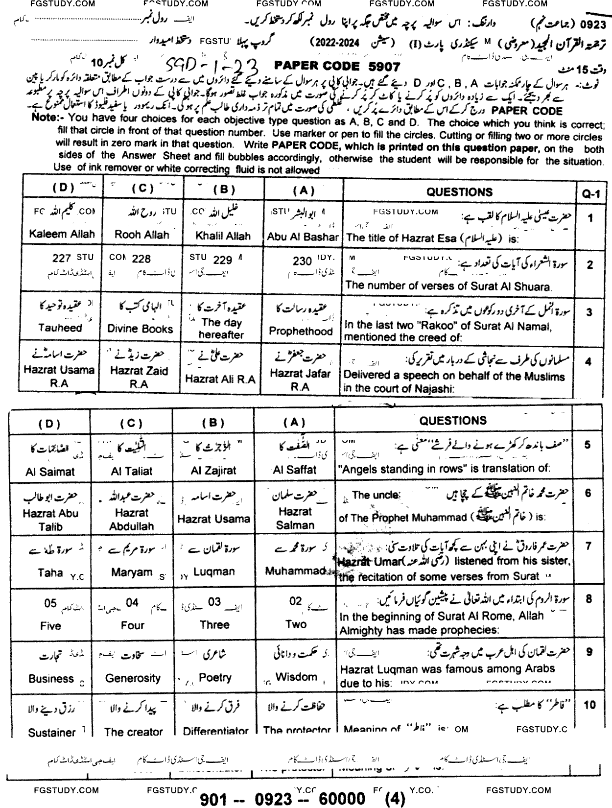 9th Class Tarjama Tul Quran Ul Majeed Past Paper 2023 Sargodha Board Group 1 Objective