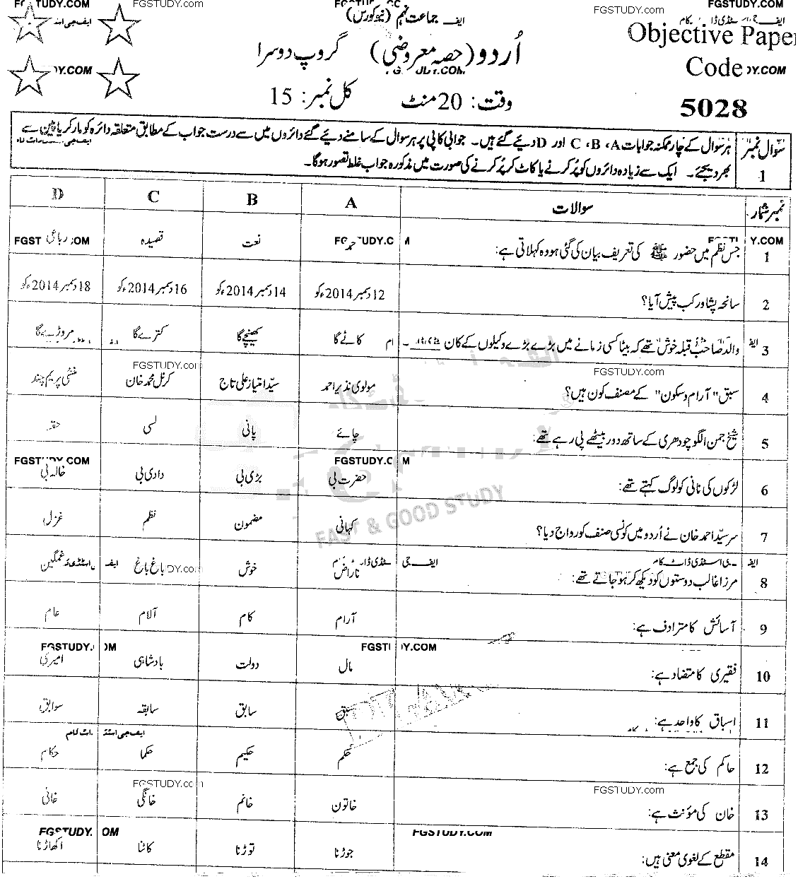 9th Class Urdu Past Paper 2018 Faisalabad Board Group 2 Objective