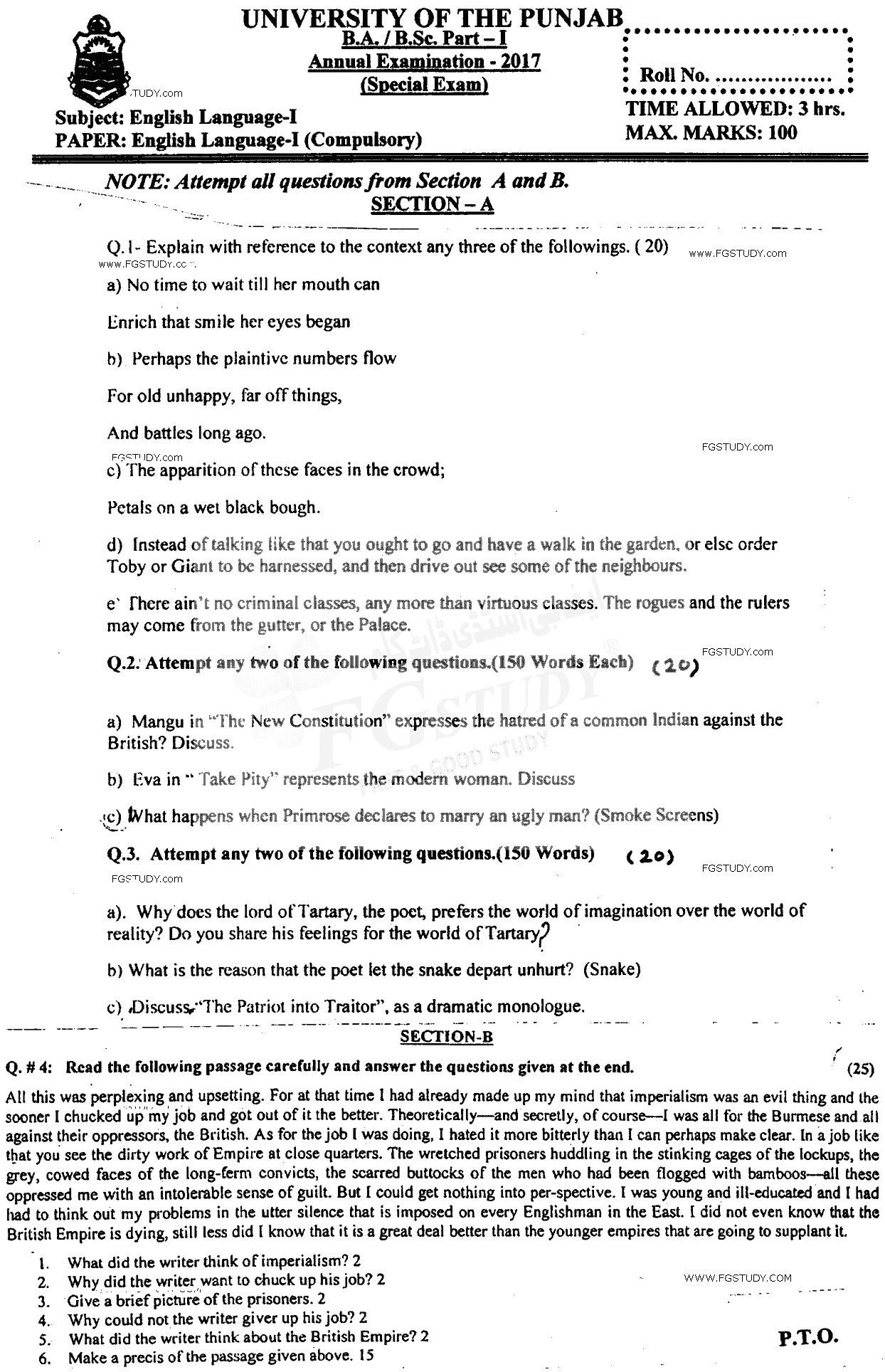 BA Part 1 English Language Past Paper 2017 Punjab University
