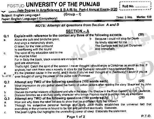 BA Part 1 English Language Past Paper 2020 Punjab University Group 1