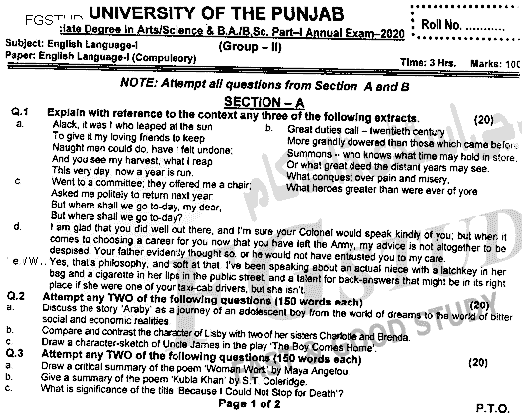 BA Part 1 English Language Past Paper 2020 Punjab University Group 2