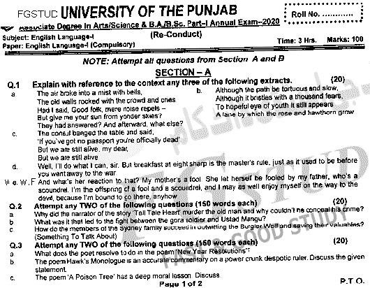 BA Part 1 English Language Past Paper 2020 Punjab University