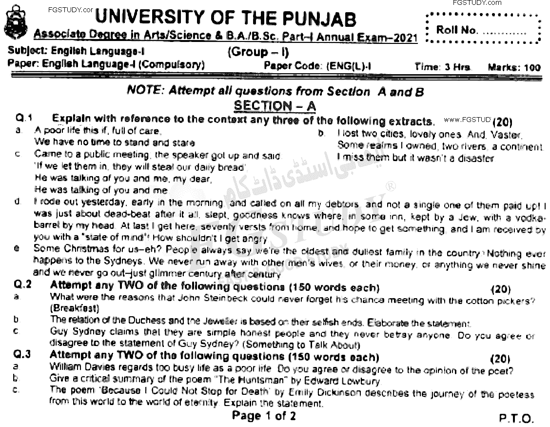 BA Part 1 English Language Past Paper 2021 Punjab University Group 1 Subjective