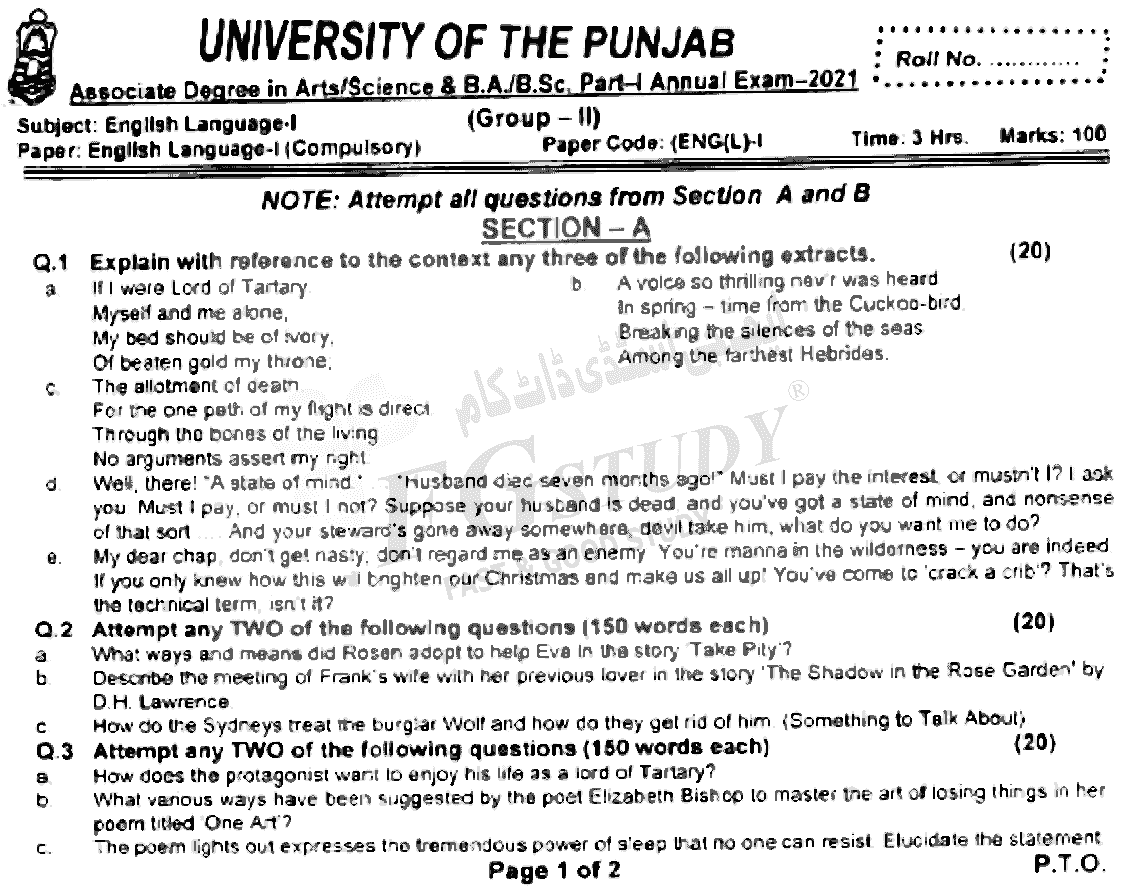 BA Part 1 English Language Past Paper 2021 Punjab University Group 2 Subjective