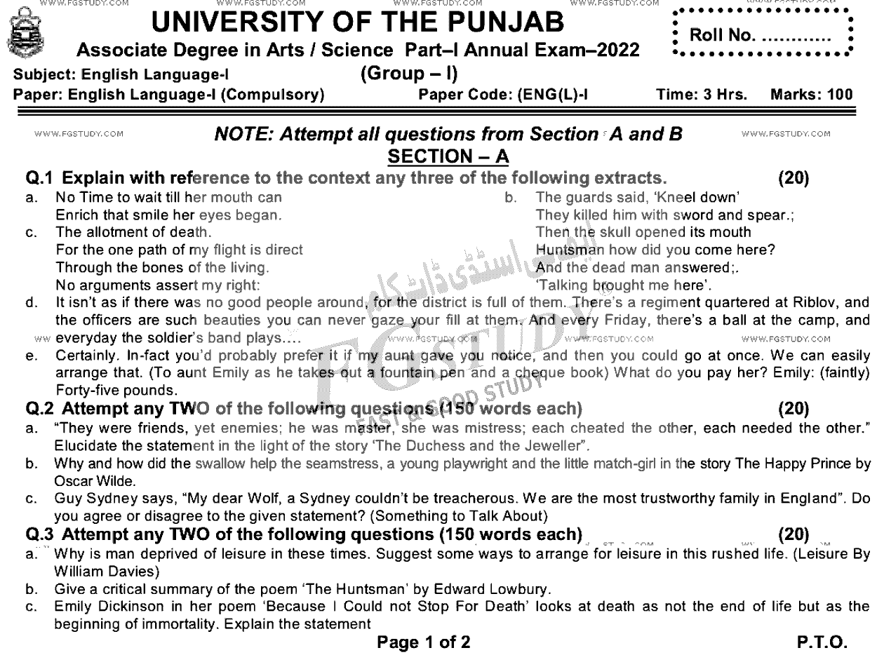 BA Part 1 English Language Past Paper 2022 Punjab University Group 1 Subjective