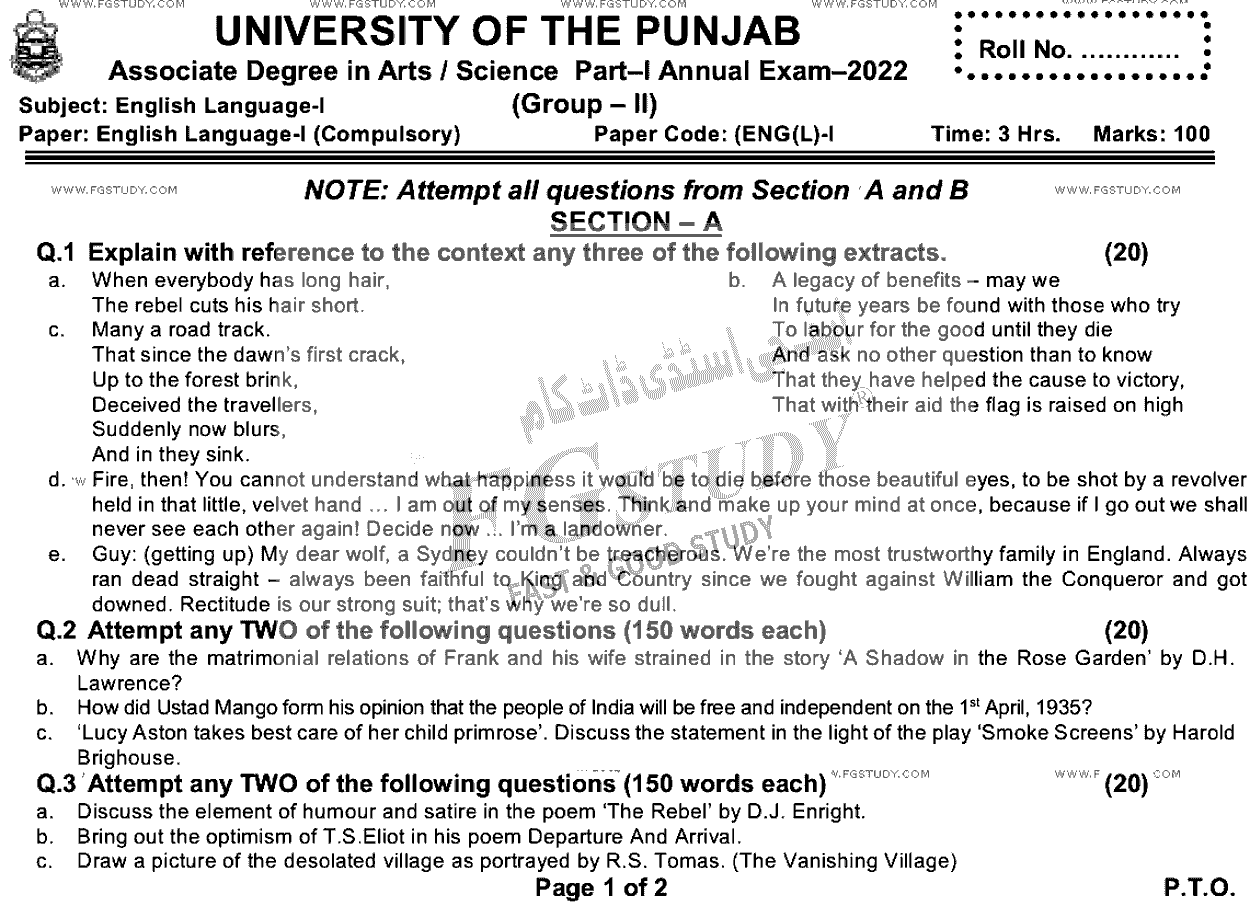 BA Part 1 English Language Past Paper 2022 Punjab University Group 2 Subjective