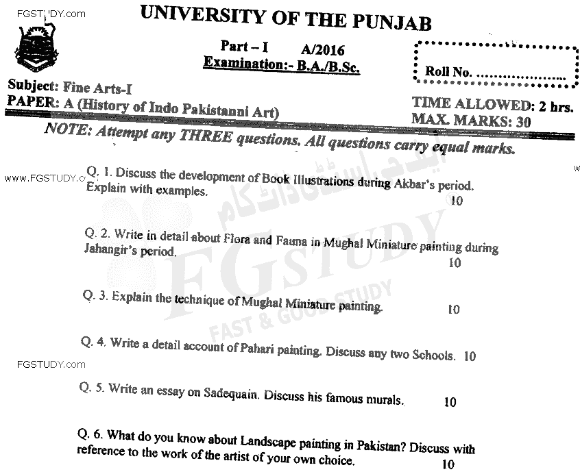 BA Part 1 Fine Arts History Of Indo Pakistani Art Past Paper 2016 Punjab University Subjective