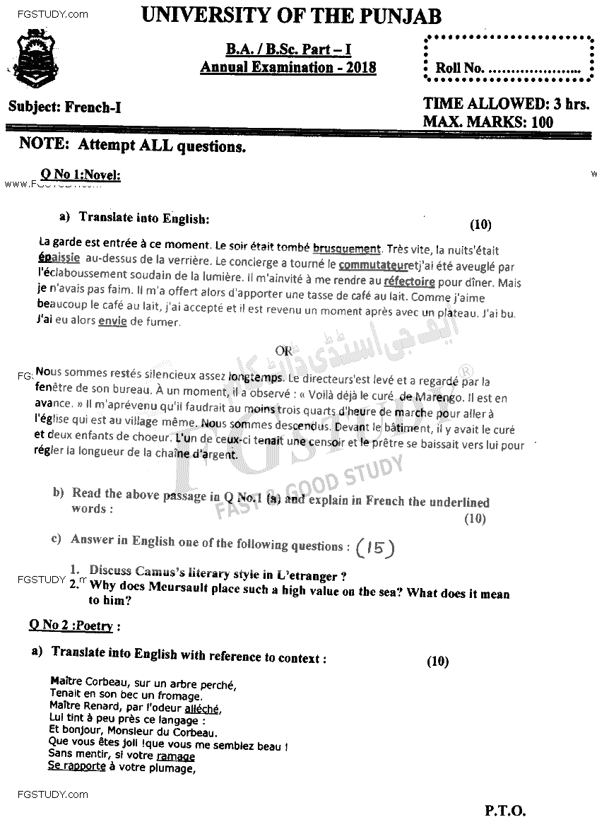 BA Part 1 French Past Paper 2018 Punjab University