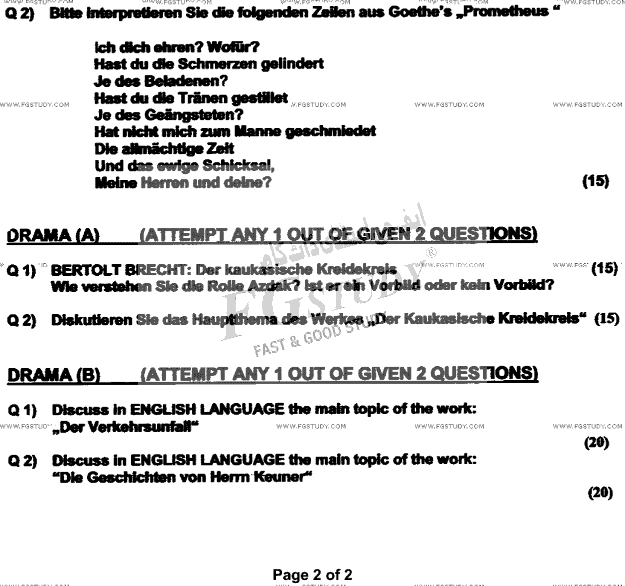 BA Part 1 German Past Paper 2022 Punjab University Subjective