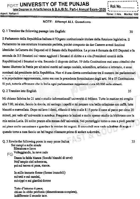 BA Part 1 Italian Past Paper 2020 Punjab University