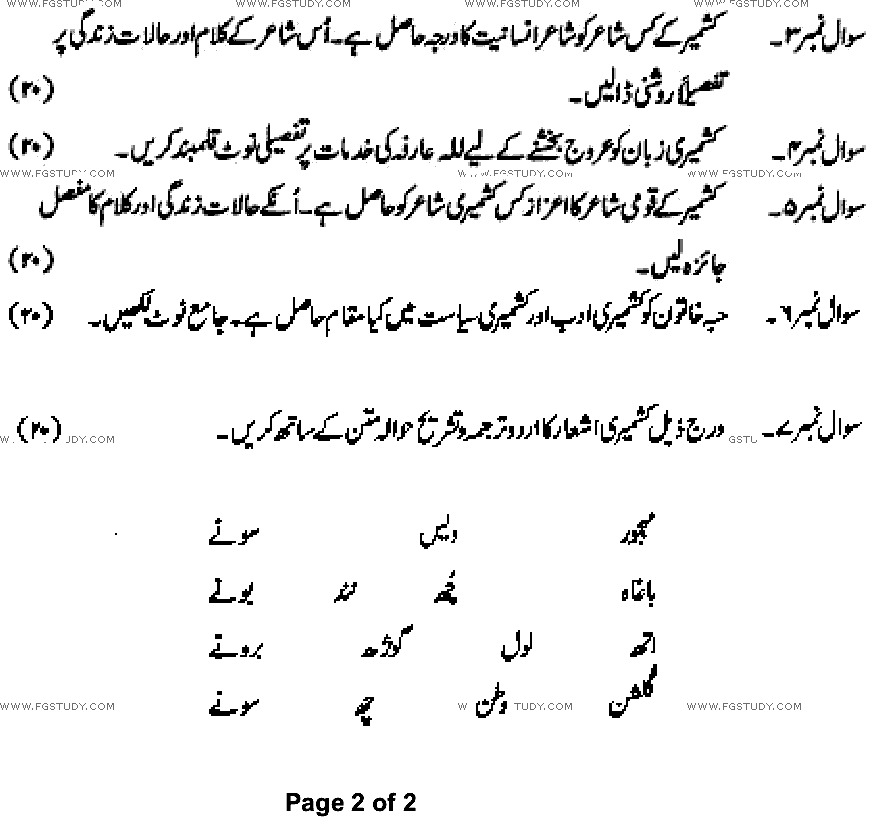 BA Part 1 Kashmiriyat Past Paper 2022 Punjab University Subjective