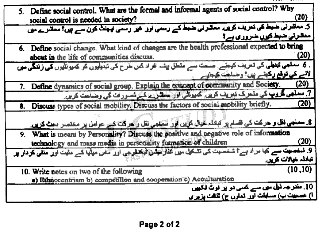 BA Part 1 Sociology General Sociology Past Paper 2021 Punjab University Subjective